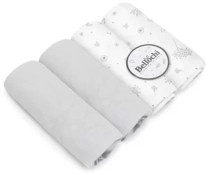 Pack jumeau de 4 draps pour couffin Twinux 70×25 cm, gris et blanc avec ornements