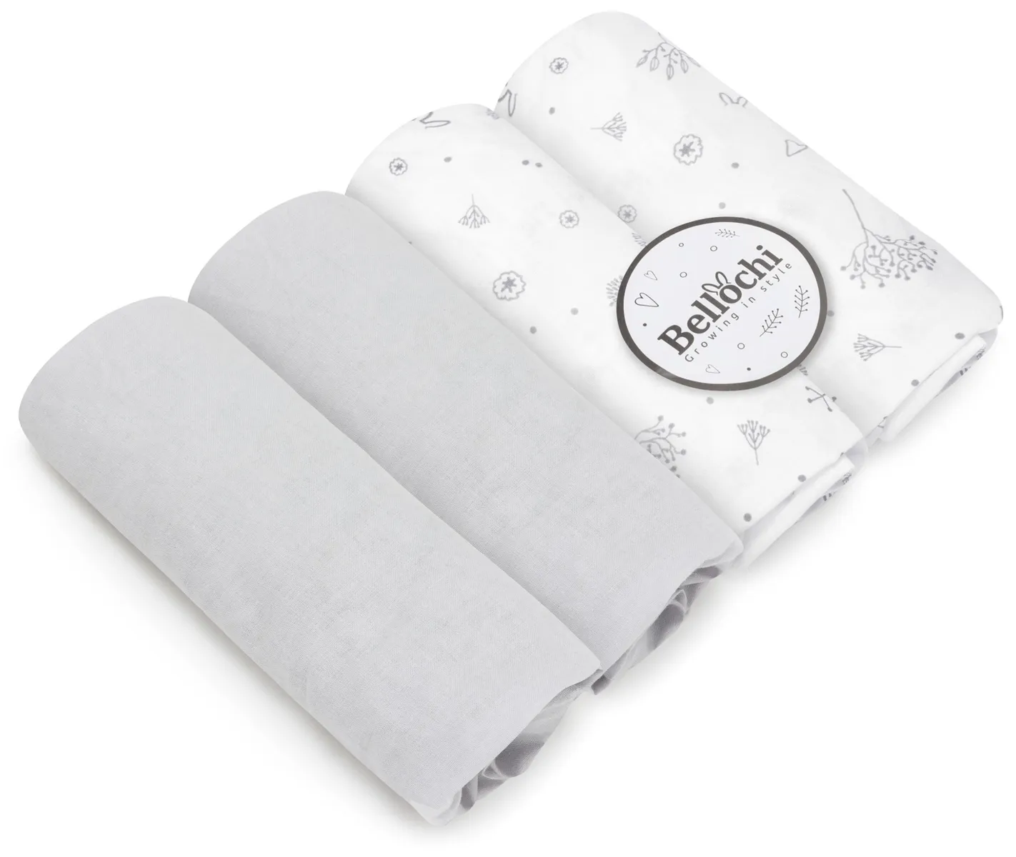 Pack jumeau de 4 draps pour couffin Twinux 70×25 cm, gris et blanc avec ornements