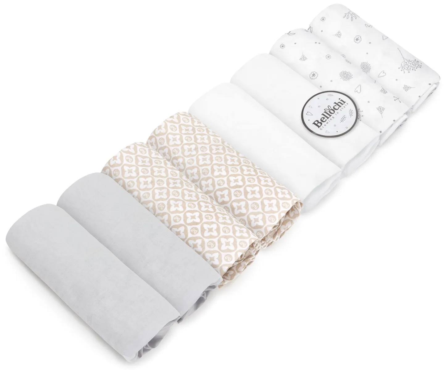 Paquet jumeau de 8 draps pour couffin Twinux de 70×25 cm, gris, beige, blanc, avec ornements