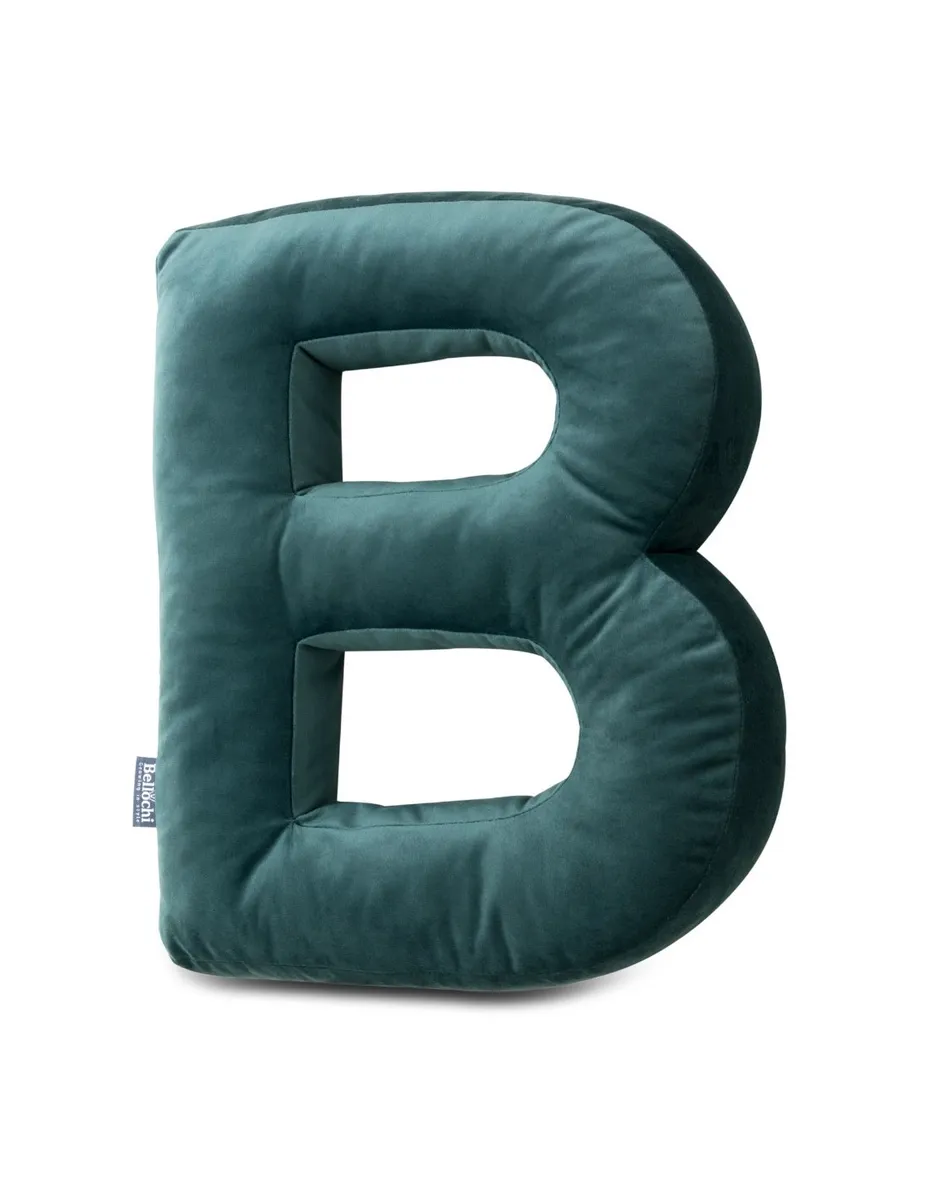 Coussin lettre décoratif en velours en forme de B de couleur vert foncé Coussin lettre décoratif en velours en forme de B de couleur vert foncé