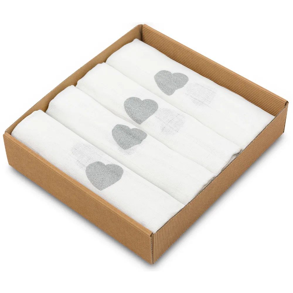 Ensemble de 4 pièces de Langes en Mousseline de LUX – silver hearts